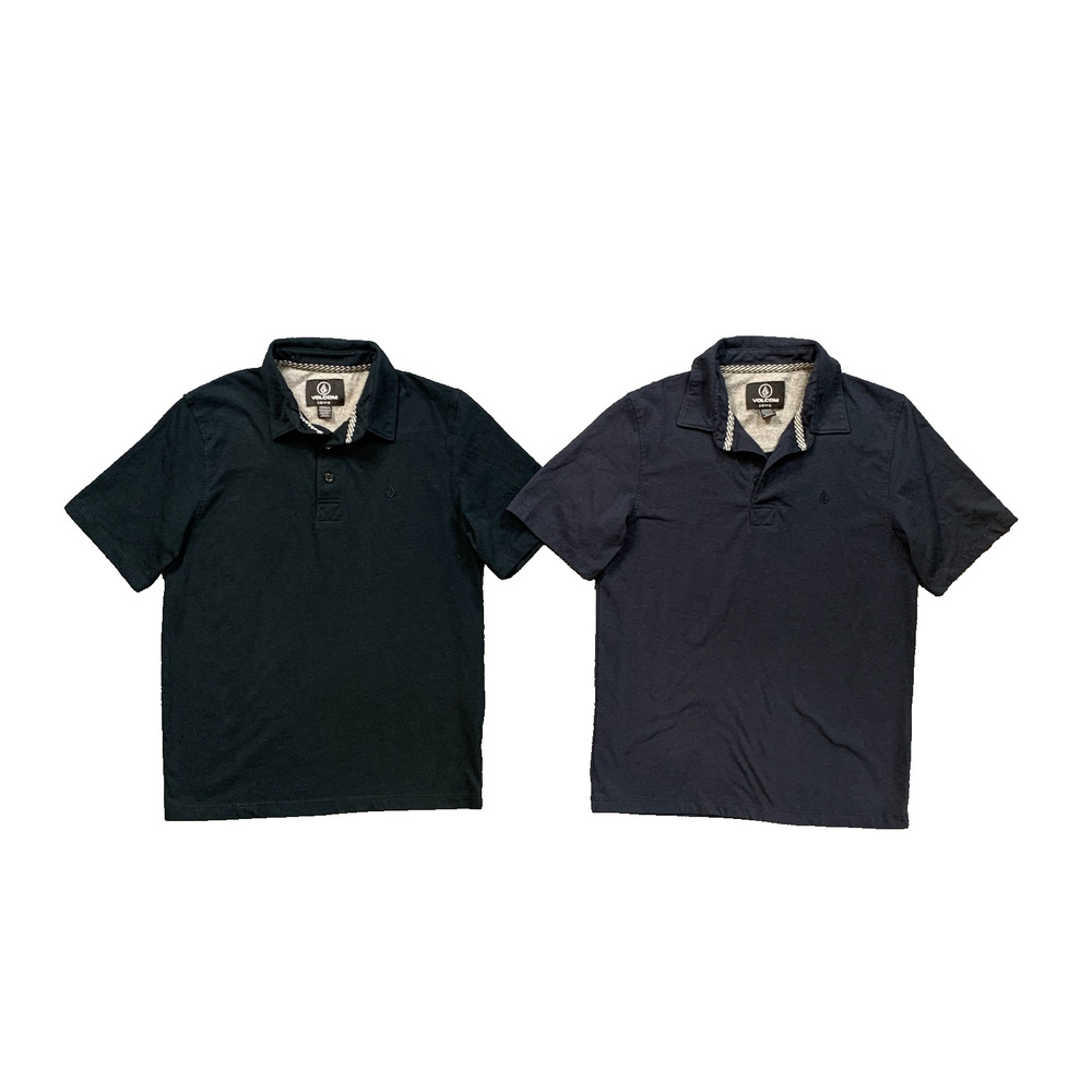 Volcom Shirt Boys S Small Black Navy Cotton Blend Short Sleeve Polo Lot of 2‎